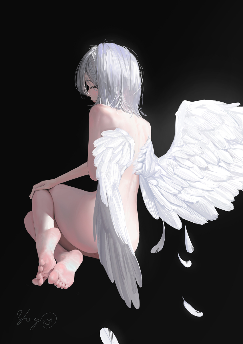 1girl absurdres amane_kanata angel_wings barefoot black_background closed_eyes convenient_censoring feet grey_hair hand_on_own_knee highres hololive medium_hair nude soles toes wings yogkashipan