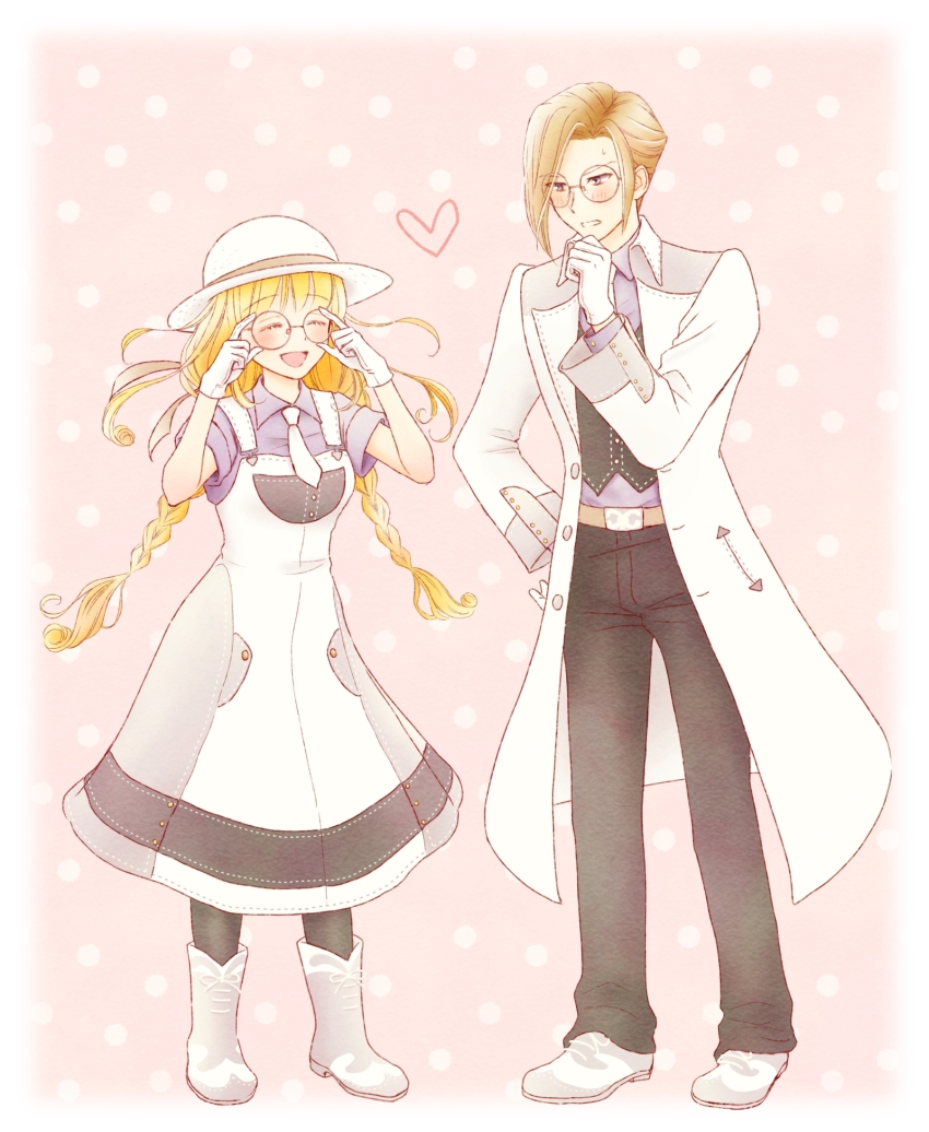 1boy 1girl :d adapted_costume adjusting_eyewear azu_rin_go bespectacled black_pants black_pantyhose black_vest blonde_hair blush bokujou_monogatari bokujou_monogatari:_mittsu_no_sato_no_taisetsuna_tomodachi boots border braid brown_hair closed_eyes collared_shirt cowboy_boots curtained_hair ford_(bokujou_monogatari) full_body glasses gloves hand_on_own_chin hand_on_own_hip hat hat_ribbon heart highres lab_coat long_hair low_twin_braids matching_outfits nanami_(bokujou_monogatari) necktie open_mouth overall_skirt overalls pants pantyhose pink_background polka_dot polka_dot_background purple_eyes purple_shirt raised_eyebrows ribbon round_eyewear shirt short_hair side_part smile standing sun_hat sweatdrop twin_braids v-shaped_eyebrows very_long_hair vest white_boots white_border white_gloves white_hat white_necktie white_overalls wing_collar