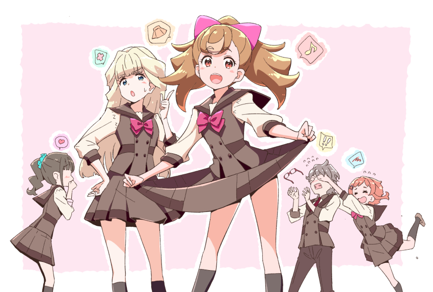 1boy 4girls akata_itsuki aqua_scrunchie black_socks blonde_hair blue_eyes blush bow bowtie brown_footwear brown_hair brown_pants brown_skirt brown_vest closed_eyes clothes_lift commentary_request glasses hair_bow hair_ornament hairclip half_updo hand_on_another&#039;s_face highres inukai_iroha inukai_komugi long_hair medium_hair multiple_girls necktie nekoyashiki_mayu nekoyashiki_yuki open_mouth pants pink_bow pink_bowtie pink_hair pleated_skirt ponytail precure red-framed_eyewear red_eyes red_necktie school_uniform scrunchie second_wangan_school_uniform semi-rimless_eyewear shirt shoes short_hair side_ponytail skirt skirt_lift socks sweatdrop toyama_satoru unworn_eyewear vest wonderful_precure! yellow_shirt