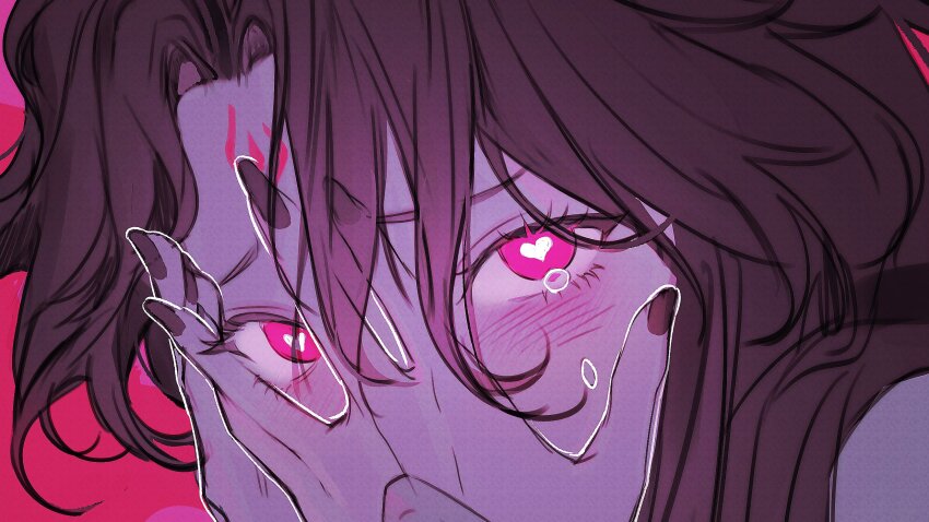 1boy black_hair black_nails blush close-up covering_face crying crying_with_eyes_open heart heart-shaped_pupils highres jigam korean_commentary long_hair looking_at_viewer luo_binghe male_focus nail_polish pink_eyes red_background renzha_fanpai_zijiu_xitong solo symbol-shaped_pupils tears zuiyin