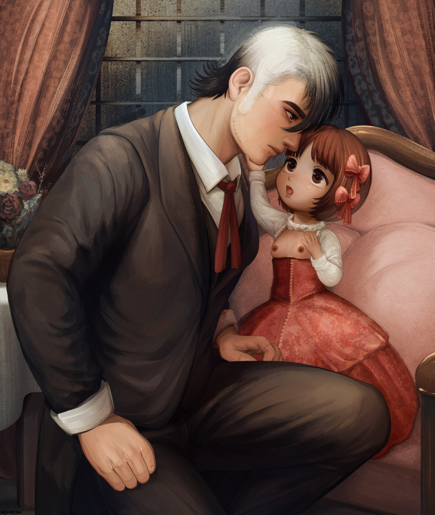 1boy 1girl age_difference black_jack_(character) black_jack_(series) bow closed_mouth hair_bow hetero highres loli multicolored_hair nipples nsfmeows painterly pinoko realistic scar shirt short_hair toddlercon two-tone_hair