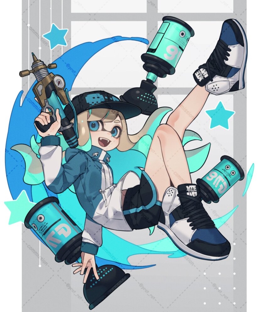 1girl :d baseball_cap black_hat black_shoes black_shorts blonde_hair blue_eyes blue_hair blue_shoes colored_inner_hair commission dolphin_shorts fangs film_grain full_body hat high_tops highres holding holding_weapon inkling inkling_girl inkling_player_character long_hair looking_at_viewer multicolored_hair multicolored_shoes nintendo open_mouth prat_rat shoes shorts smile sneakers solo splash-o-matic_(splatoon) splatoon_(series) suction_bomb_(splatoon) tentacle_hair two-tone_hair weapon white_shoes