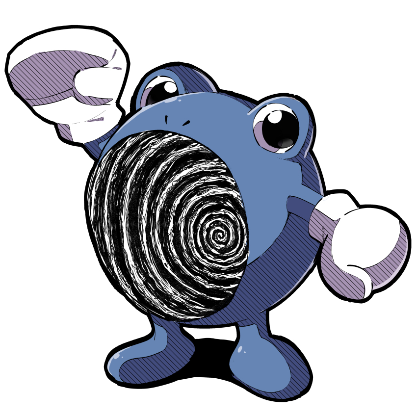 absurdres arm_up black_eyes full_body gen_1_pokemon gloves highres itou_junji_(style) kyapameru nintendo pokemon pokemon_(creature) poliwhirl shadow simple_background spiral standing uzumaki white_background white_gloves