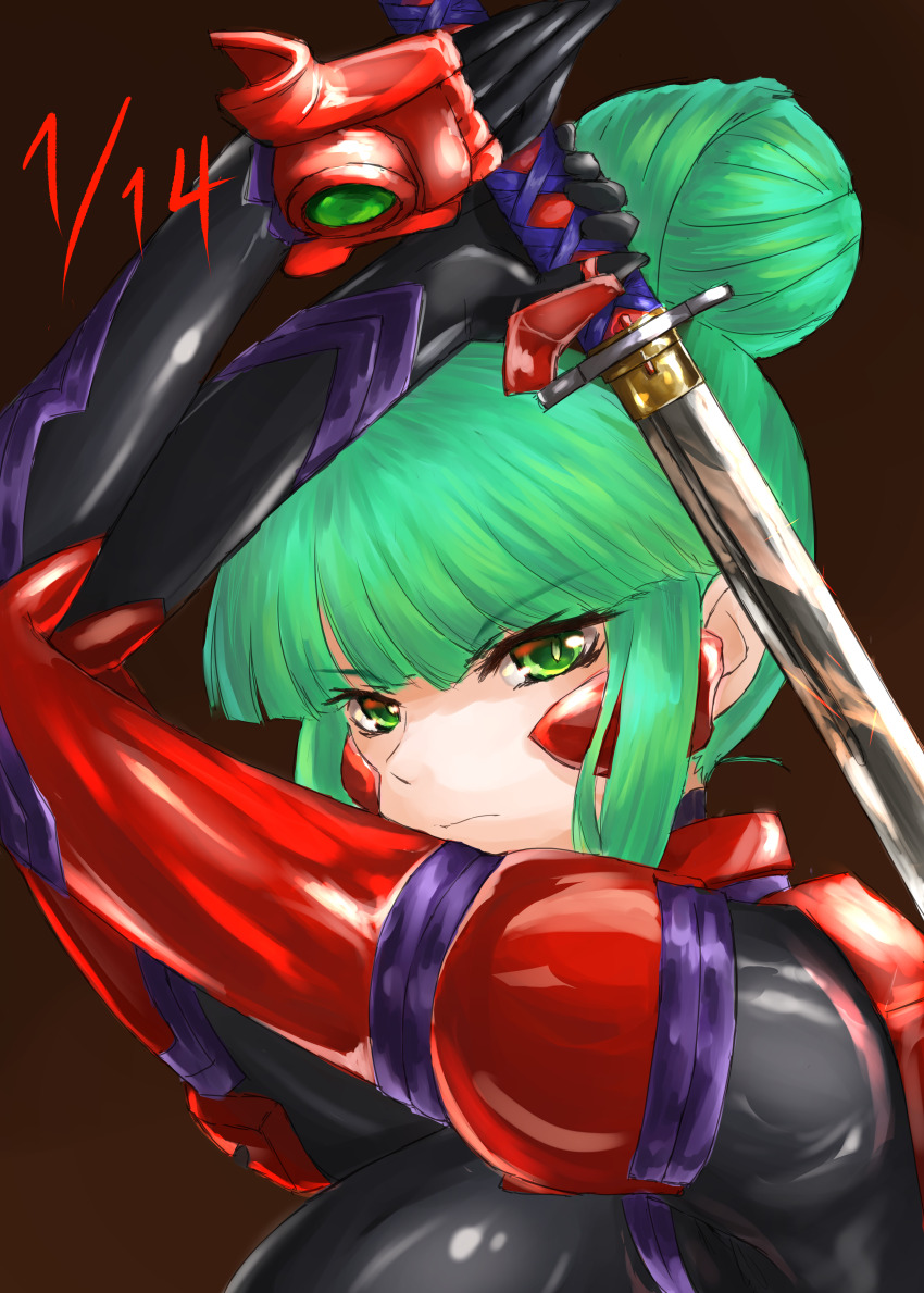 1girl absurdres black_background black_bodysuit black_gloves bodysuit breasts fortified_suit from_side gloves green_eyes green_hair hair_behind_ear hair_bun highres holding holding_sword holding_weapon katana mecha_pilot_suit medium_breasts muv-luv muv-luv_alternative nanabankarasu pilot_suit single_hair_bun solo sword tsukuyomi_mana v-shaped_eyebrows weapon