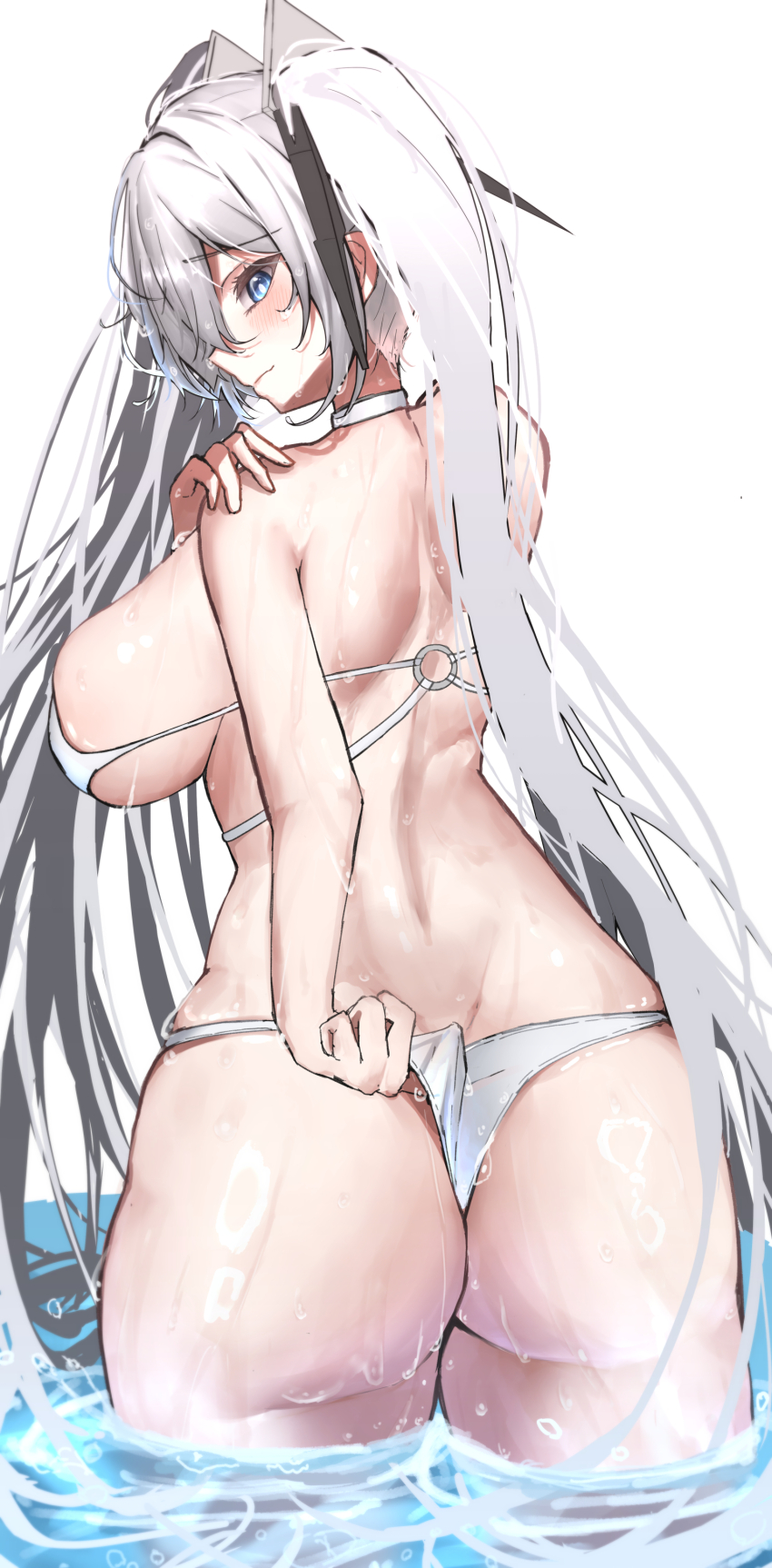 1girl absurdres adjusting_clothes alternate_costume artist_request ass bare_shoulders bikini blue_eyes blush breasts butt_crack cinderella_(nikke) embarrassed from_behind goddess_of_victory:_nikke hair_ornament hair_over_one_eye highres huge_ass large_breasts long_hair looking_at_viewer looking_back sideboob solo swimsuit thong thong_bikini twintails very_long_hair water wet wet_clothes wet_hair white_hair