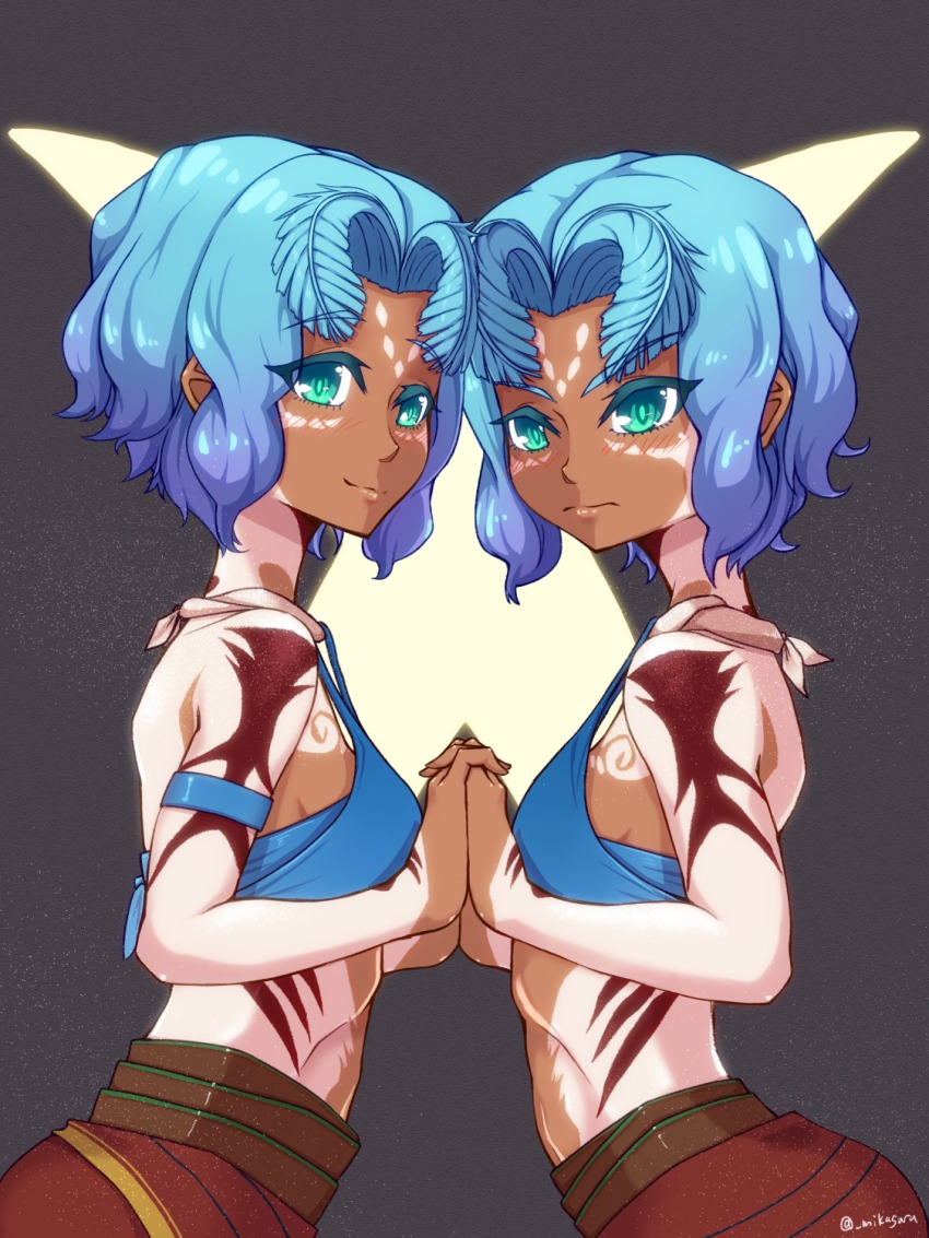 2girls antennae blue_eyes breasts cleavage dark-skinned_female dark_skin energy glowing godzilla:_city_on_the_edge_of_battle godzilla_(series) highres houtua looking_at_viewer maina miana midriff mikagura monster_girl multicolored_hair multiple_girls polygon_pictures revealing_clothes siblings sideboob sisters small_breasts smile tattoo toho tribal tribal_tattoo twins two-tone_hair