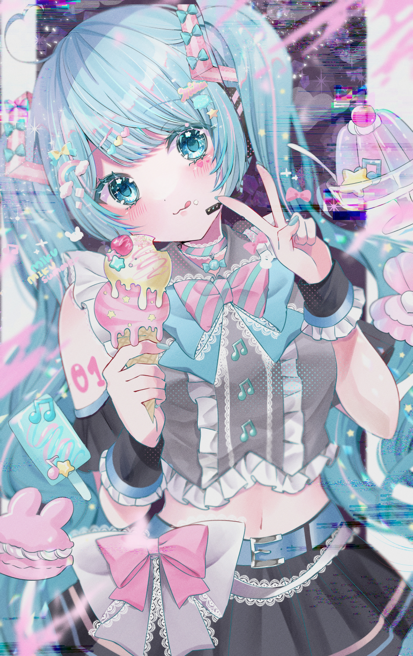 1girl :3 absurdres ahoge aqua_eyes aqua_hair arm_cuffs arm_tattoo belt black_skirt blue_belt blue_bow blue_bowtie blurry blush bow bowtie character_name cherry chibana_sora choker cropped_shirt depth_of_field detached_sleeves english_text eyelashes facial_mark film_grain food frilled_choker frilled_shirt frills fruit gelatin glitch grey_bow grey_shirt hair_bow hair_ornament hatsune_miku head_tilt headset heart heart_facial_mark highres holding holding_food holding_ice_cream ice_cream icing long_hair macaron multicolored_hair musical_note number_tattoo pink_bow pink_bowtie pink_hair pleated_skirt popsicle rainbow_hair_ornament shirt skirt sleeveless sleeveless_shirt solo star_(symbol) star_hair_ornament streaked_hair striped_bow striped_bowtie striped_choker striped_clothes tattoo tongue twintails v very_long_hair vocaloid