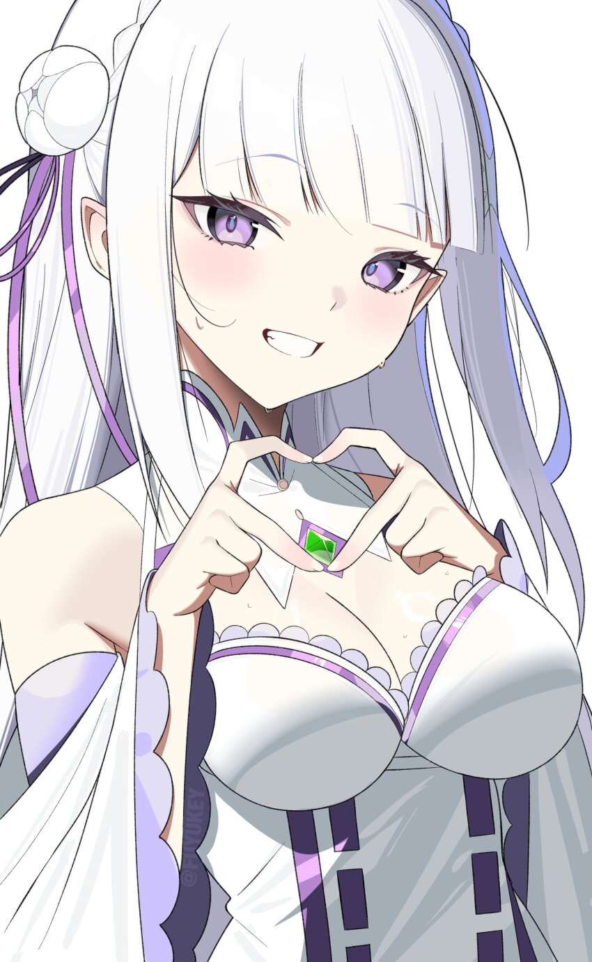 1girl absurdres breasts cleavage dress elf emilia_(re:zero) four-finger_heart_hands fuyukey heart heart_hands highres large_breasts long_hair looking_at_viewer open_mouth pointy_ears purple_eyes re:zero_kara_hajimeru_isekai_seikatsu simple_background smile solo teeth upper_body white_background white_dress
