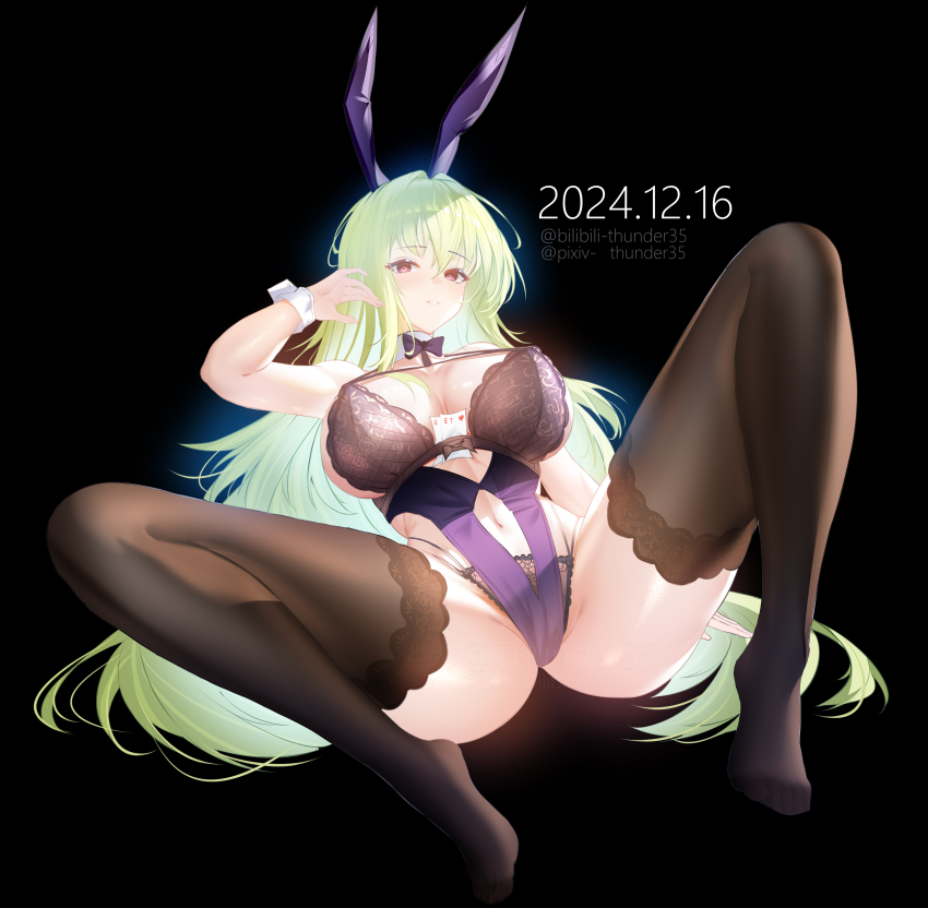 1girl absurdres alternate_costume artist_name azur_lane black_background blush bow breasts card collar green_hair highres large_breasts legs_apart leotard lingerie long_hair looking_at_viewer napoli_(azur_lane) napoli_(dreamy_night)_(azur_lane) no_shoes official_alternate_costume playboy_bunny playing_card purple_eyes rabbit_ears solo thighs thunder-35 underwear wrist_cuffs