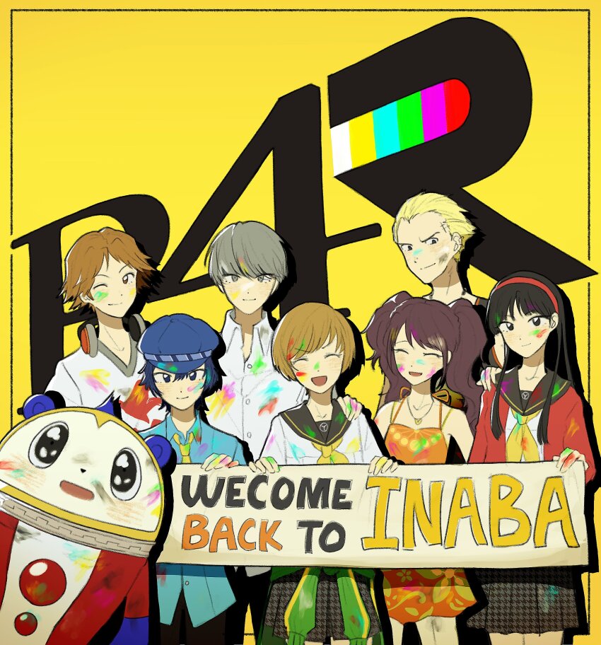 4boys 4girls absurdres amagi_yukiko black_hair black_shirt blonde_hair blue_hair blue_hat blue_shirt brown_hair closed_eyes collared_shirt commentary_request copyright_logo dress english_text facepaint grey_eyes grey_hair hairband hanamura_yousuke hat headphones headphones_around_neck highres holding kujikawa_rise kuma_(persona_4) long_hair looking_at_viewer millotic multiple_boys multiple_girls musical_note narukami_yu necktie newsboy_cap one_eye_closed orange_dress paint persona persona_4 persona_4_revival red_hairband satonaka_chie school_uniform shirogane_naoto shirt sleeveless sleeveless_dress sleeveless_shirt smile tatsumi_kanji twintails white_shirt yasogami_school_uniform yellow_background yellow_necktie