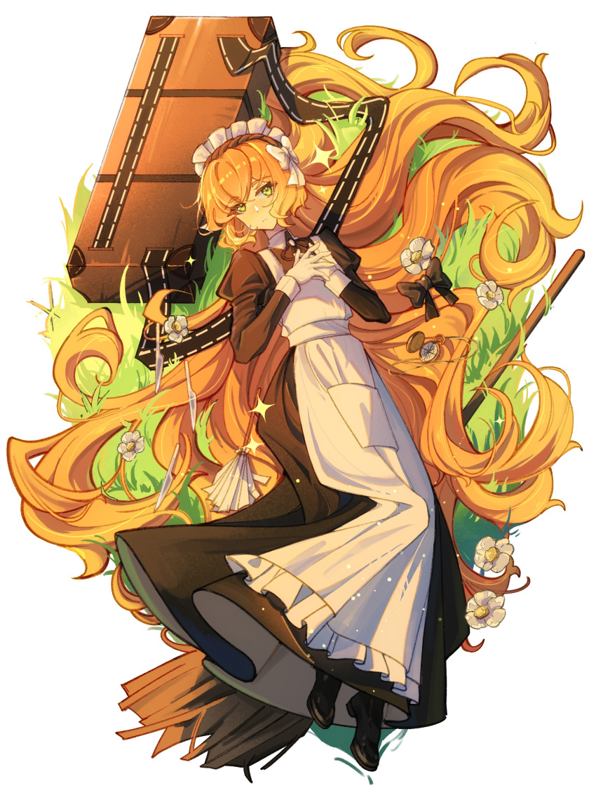 1girl absurdres apron black_dress broom compass dajie_de_erji_xian dress frilled_apron frills highres ishmael_(project_moon) limbus_company long_dress long_hair looking_at_viewer lying maid maid_headdress on_back on_grass project_moon simple_background solo suitcase very_long_hair victorian_maid white_apron white_background wuthering_heights_(identity)_(project_moon)