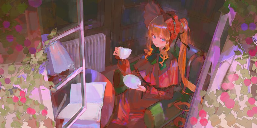 1girl absurdres blue_eyes blush bow bowtie capelet closed_mouth commentary cup dress green_bow green_bowtie highres holding holding_cup iinagi_(kashiwa_keira) long_sleeves open_window orange_hair ponytail red_dress rozen_maiden shinku sidelocks sitting smile solo window