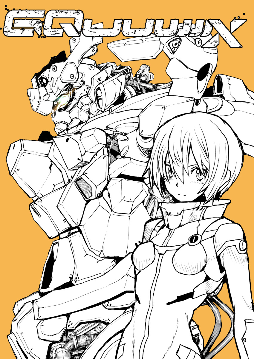 1girl absurdres amate_yuzuriha expressionless gquuuuuux greyscale_with_colored_background gundam gundam_gquuuuuux highres looking_at_viewer mecha mecha_pilot_suit mobile_suit orange_background robot short_hair takuma_tomomasa upper_body