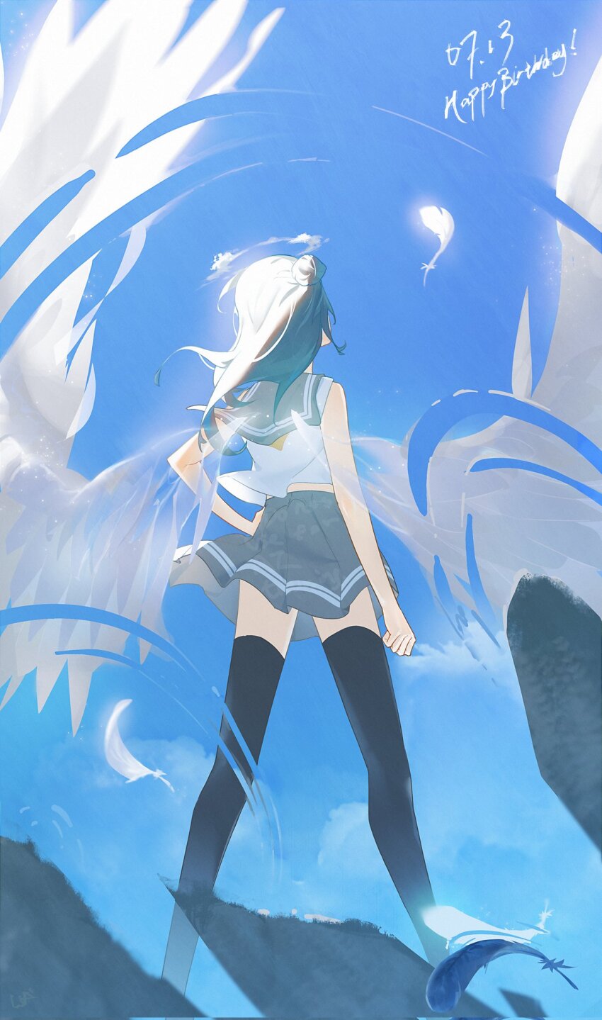 1girl black_thighhighs blue_hair blue_sky commentary_request dated feathered_wings feathers from_behind grey_sailor_collar grey_skirt hair_bun hand_on_own_hip happy_birthday highres long_hair love_live! love_live!_sunshine!! naxuslighting sailor_collar school_uniform shirt single_hair_bun skirt sky solo thighhighs tsushima_yoshiko uranohoshi_school_uniform white_shirt wings