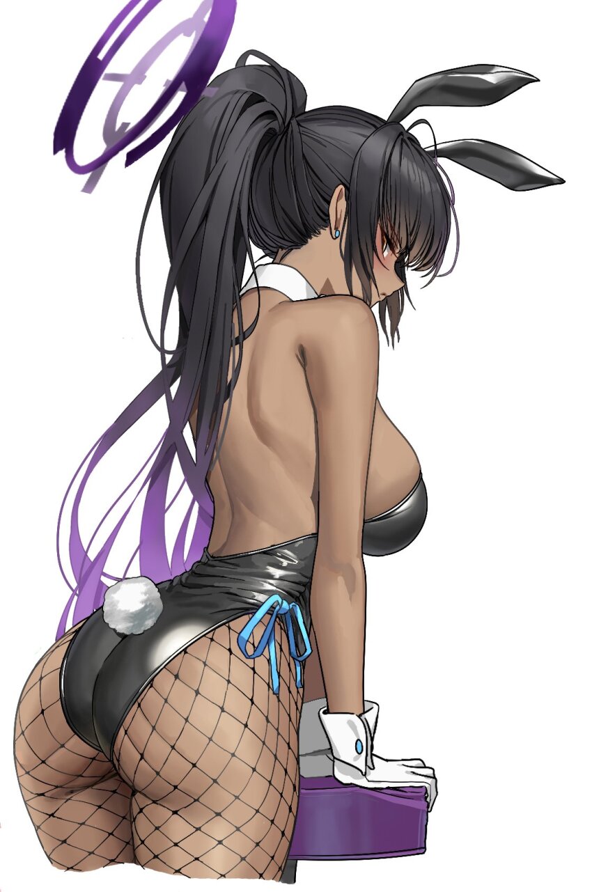 1girl animal_ears ass backless_leotard bare_arms bare_shoulders black_hair black_leotard blue_archive blush breasts closed_mouth commentary dark-skinned_female dark_skin detached_collar earrings fake_animal_ears fake_tail fishnet_pantyhose fishnets from_behind gloves gradient_hair halo highleg highleg_leotard highres jewelry karin_(blue_archive) karin_(bunny)_(blue_archive) large_breasts leotard long_hair looking_at_viewer looking_back multicolored_hair official_alternate_costume pantyhose playboy_bunny ponytail purple_hair purple_halo rabbit_ears rabbit_tail simple_background solo stud_earrings tail thighs urrrt very_long_hair white_background white_gloves yellow_eyes