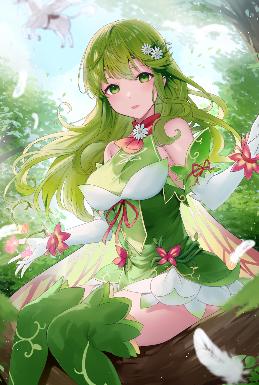 1girl boots bracelet bug butterfly choker dress elbow_gloves fairy_wings fire_emblem fire_emblem:_mystery_of_the_emblem fire_emblem:_shadow_dragon fire_emblem:_shadow_dragon_and_the_blade_of_light fire_emblem_echoes:_shadows_of_valentia fire_emblem_heroes flower flower_bracelet flower_choker gloves gradient_clothes green_boots green_dress green_eyes green_hair hair_flower hair_ornament haru_(nakajou-28) highres insect jewelry looking_at_viewer nintendo open_mouth palla_(fire_emblem) palla_(resplendent)_(fire_emblem) pegasus short_dress sitting solo thigh_boots wings