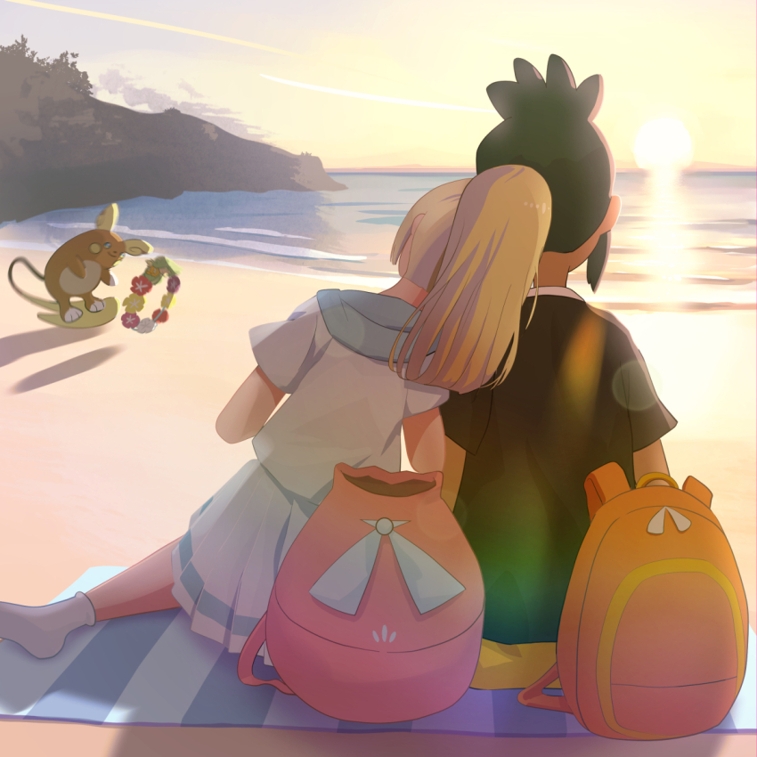 1boy 1girl alolan_form alolan_raichu backpack bag beach beach_towel blackminolith_(2ne) blonde_hair comfey commentary commission day from_behind gen_7_pokemon hau_(pokemon) hetero highres lillie_(pokemon) long_hair nintendo outdoors pink_bag pixiv_commission pleated_skirt pokemon pokemon_(creature) pokemon_sm ponytail sand shirt shore short_sleeves shorts sitting skirt sky socks sunset towel water white_shirt white_skirt white_socks yellow_shorts