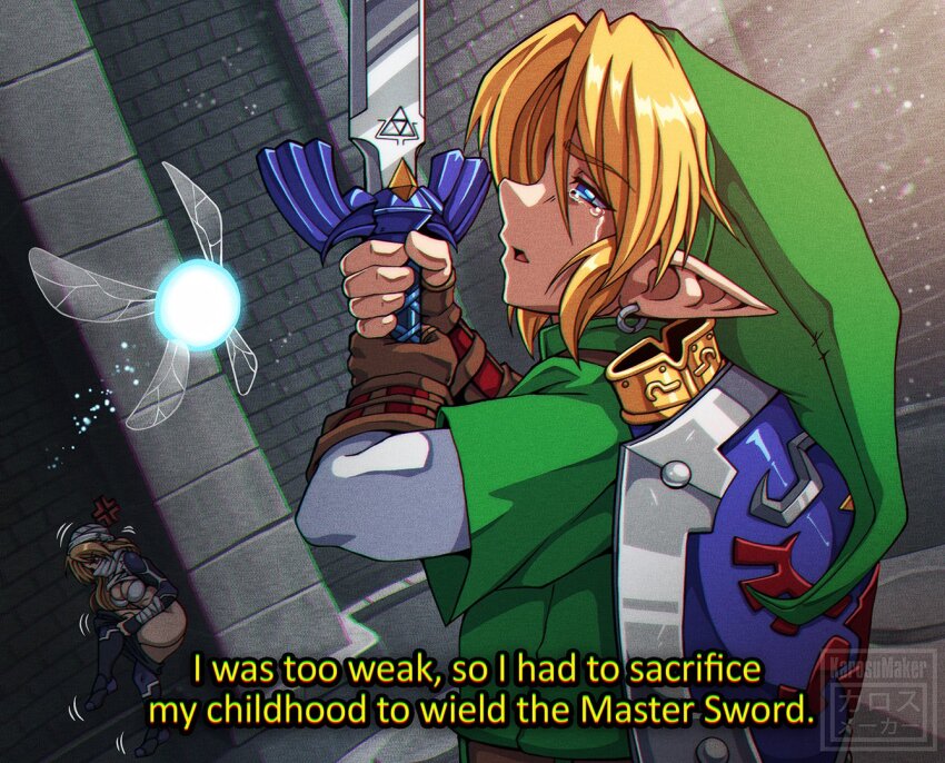1boy 1girl artist_logo artist_name blonde_hair blue_bodysuit blue_eyes bodysuit bra brown_gloves commentary crying crying_with_eyes_open earrings english_text fairy fingerless_gloves gloves green_hat green_tunic hat headscarf holding holding_sword holding_weapon hylian_shield jewelry karosu_maker layered_sleeves link logo long_sleeves male_focus master_sword navi nintendo pointy_ears princess_zelda scabbard scarf sheath sheik shield shield_on_back short_over_long_sleeves short_sleeves solo_focus struggling subtitled sword tears the_legend_of_zelda the_legend_of_zelda:_ocarina_of_time triforce tunic two-handed underwear undressing upper_body weapon white_bra white_scarf