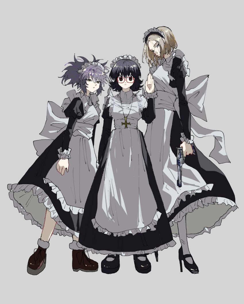 3girls apron aquiline_nose black_footwear black_hair blonde_hair brown_eyes commentary glasses grey_background gun hair_between_eyes hand_up high_heels high_ponytail highres holding holding_gun holding_weapon hunter_x_hunter kasukasugom1 looking_at_viewer machi_komacine maid maid_apron maid_headdress multiple_girls nose pakunoda ponytail purple_hair red-framed_eyewear shizuku_murasaki spiked_hair symbol-only_commentary weapon yellow_eyes