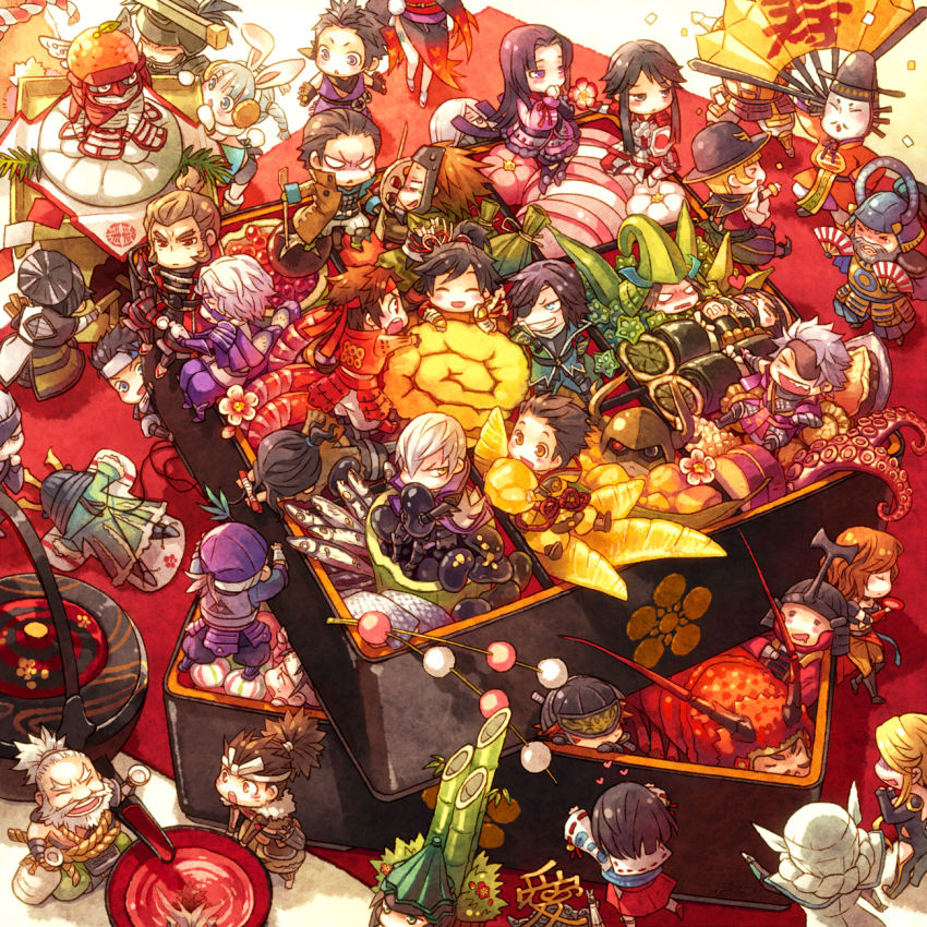 &gt;_&lt; 6+boys 6+girls =_= ^_^ abalone akechi_mitsuhide alcohol amago_haruhisa anegakoji_yoritsuna animal_ears antennae armor azai_nagamasa azai_nagamasa_(sengoku_basara) bamboo bandages beard bento black_hair blonde_hair blush braid brown_hair chibi chosokabe_motochika chousokabe_motochika closed_eyes closed_mouth cup date_masamune date_masamune_(sengoku_basara) everyone eyepatch facial_hair fish flower food fuuma_kotarou grin hand_fan heart helmet highres hojo_ujimasa holding holding_food honda_tadakatsu houjou_ujimasa imagawa_yoshimoto ishida_mitsunari itsuki_(sengoku_basara) japanese_armor jug_(bottle) kabuto_(helmet) kadomatsu kasuga kasuga_(sengoku_basara) katakura_kojuurou kobayakawa_yutaka kotarou_fuuma kuroda_kanbei kusazuri lobster long_hair lotus_root maeda_keiji matsunaga_hisahide minami_seira miyamoto_musashi mogami_yoshiaki mogami_yoshiaki_(sengoku_basara) mori_ranmaru mouri_motonari multiple_boys multiple_girls mushroom mustache nanbu_harumasa naoe_kanetsugu no_headwear octopus oda_nobunaga oda_nobunaga_(sengoku_basara) oichi oichi_(sengoku_basara) okra omelet open_mouth otani_yoshitsugu otomo_sorin ponytail purple_eyes rabbit_ears red_eyes saika_magoichi saika_magoichi_(sengoku_basara) sakazuki sake sanada_yukimura sanada_yukimura_(sengoku_basara) sarutobi_sasuke satake_yoshishige sengoku_basara sengoku_basara_3 shimazu_yoshihiro short_hair shrimp sitting smile smirk tachibana_muneshige takeda_shingen takenaka_hanbee_(sengoku_basara) tamagoyaki tears tokugawa_ieyasu toyotomi_hideyoshi toyotomi_hideyoshi_(sengoku_basara) tsundere tsuruhime twin_braids uesugi_kenshin uesugi_kenshin_(sengoku_basara) utsunomiya_hirotsuna white_hair youhime zabii