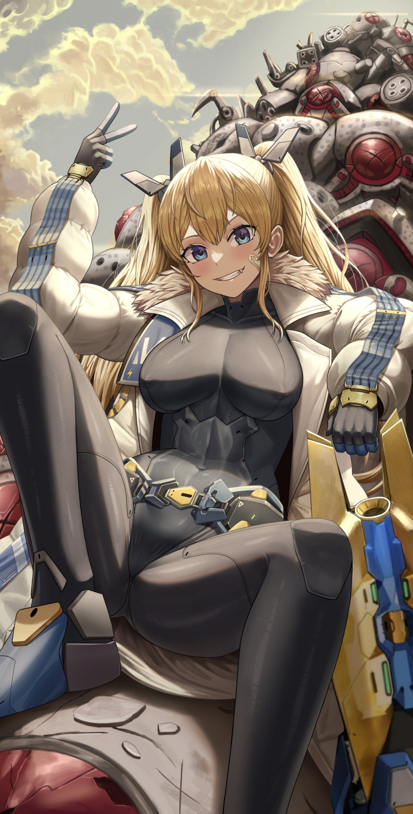 1girl absurdres bandaid bandaid_on_face black_bodysuit black_gloves black_leotard blonde_hair blue_eyes blush bodysuit boots breasts cloud covered_erect_nipples day gloves goddess_of_victory:_nikke grin highres jacket laplace_(nikke) large_breasts leotard long_hair looking_at_viewer outdoors rapture_(nikke) silvertsuki sitting smile solo spread_legs twintails v