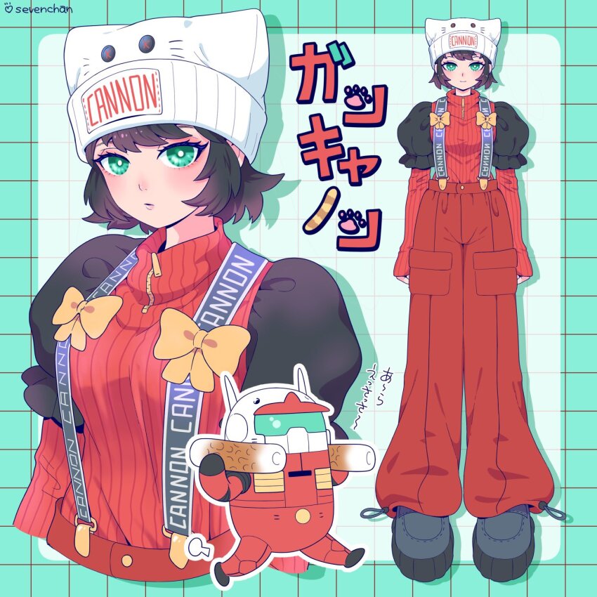1girl animal_hat artist_name baggy_pants beanie black_boots black_hair black_sleeves boots bow breasts buttons cat_hat character_name closed_mouth clothes_writing commentary cosplay cropped_torso frilled_sleeves frills full_body green_eyes grid_background guncannon guncannon_(cosplay) gundam hat hat_writing heart high-waist_pants highres holding_cannon long_sleeves looking_at_viewer mecha medium_breasts mobile_suit mobile_suit_gundam multiple_views pants platform_boots puffy_short_sleeves puffy_sleeves red_pants red_sweater ribbed_sweater robot shira_neri short_hair short_sleeves sleeves_past_wrists standing suspenders sweater translated walking white_hat yellow_bow zipper zipper_pull_tab