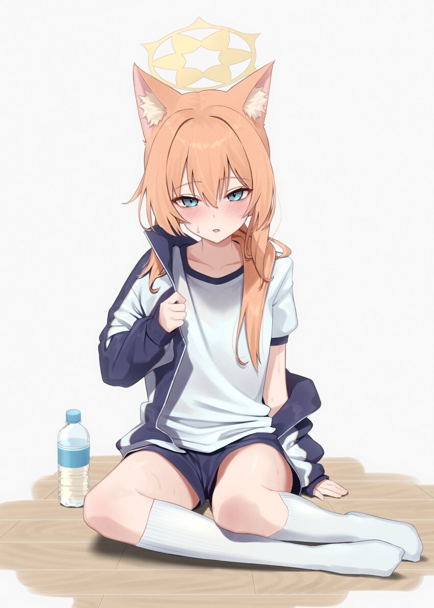 1girl animal_ear_fluff animal_ears black_jacket black_shorts blue_archive blue_eyes blush bottle cat_ears collarbone extra_ears greenkohgen gym_shorts hair_between_eyes halo highres jacket long_hair long_sleeves mari_(blue_archive) mari_(track)_(blue_archive) official_alternate_costume open_clothes open_jacket open_mouth orange_hair shirt short_sleeves shorts sitting socks solo track_jacket water_bottle white_shirt white_socks yellow_halo yokozuwari