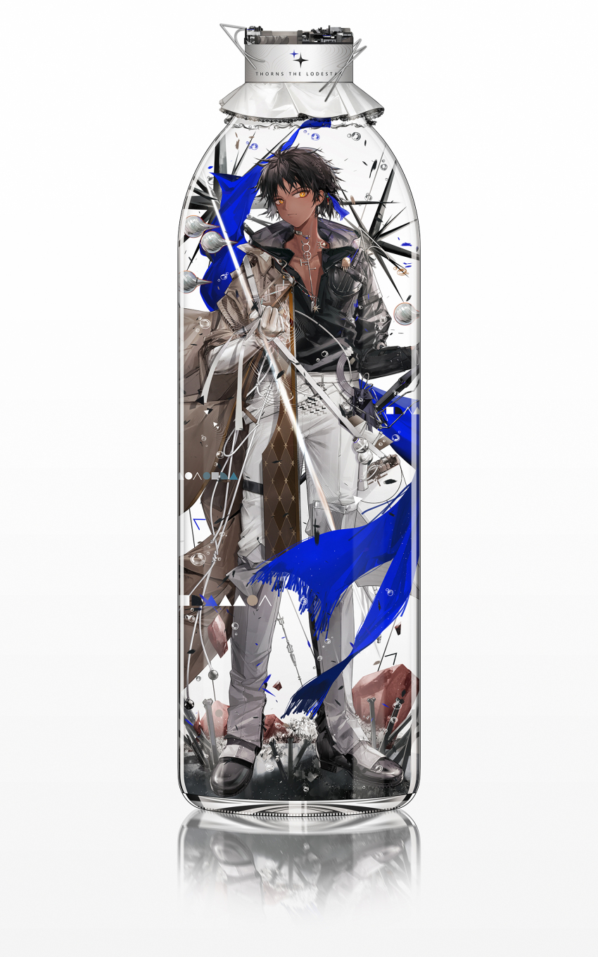 1boy :/ absurdres air_bubble arknights armor asymmetrical_gloves asymmetrical_sleeves belt black_footwear black_hair black_shirt bottle braid bright_pupils bubble character_name chinese_commentary closed_mouth commentary_request dark-skinned_male dark_skin earclip earrings gloves greaves hair_ornament highres in_bottle in_container jewelry looking_to_the_side male_focus mismatched_gloves mismatched_sleeves necklace open_clothes open_shirt orange_eyes pants shirt sideways_glance simple_background solo sparkle standing sword thorns_(arknights) thorns_the_lodestar_(arknights) turning_head water weapon white_background white_belt white_gloves white_pants white_pupils yuuki_mix