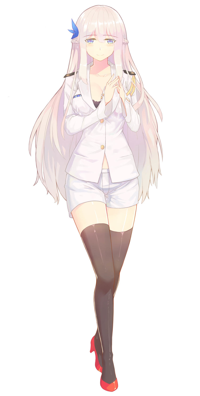 1girl absurdres aiguillette black_bra black_thighhighs blue_eyes bra braid breasts cleavage collarbone female_focus french_braid full_body grey_hair high_heels highres jacket large_breasts lexington_(warship_girls_r) long_hair long_sleeves looking_at_viewer military military_uniform red_footwear remodel_(warship_girls_r) short_shorts shorts sidelocks simple_background smile solo standing thighhighs underwear warship_girls_r white_background white_jacket white_shorts xiao_shei..