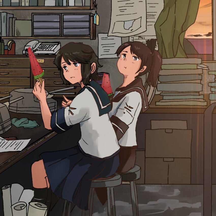 2girls black_hair blue_sailor_collar blue_skirt blush brown_eyes brown_hair brown_sailor_collar brown_skirt clock cup curtains food highres holding holding_food kantai_collection kuragare long_hair machinery miyuki_(kancolle) multiple_girls paper pleated_skirt ponytail popsicle rigging sailor_collar school_uniform serafuku shikinami_(kancolle) ship_turret short_hair short_sleeves sitting skirt window