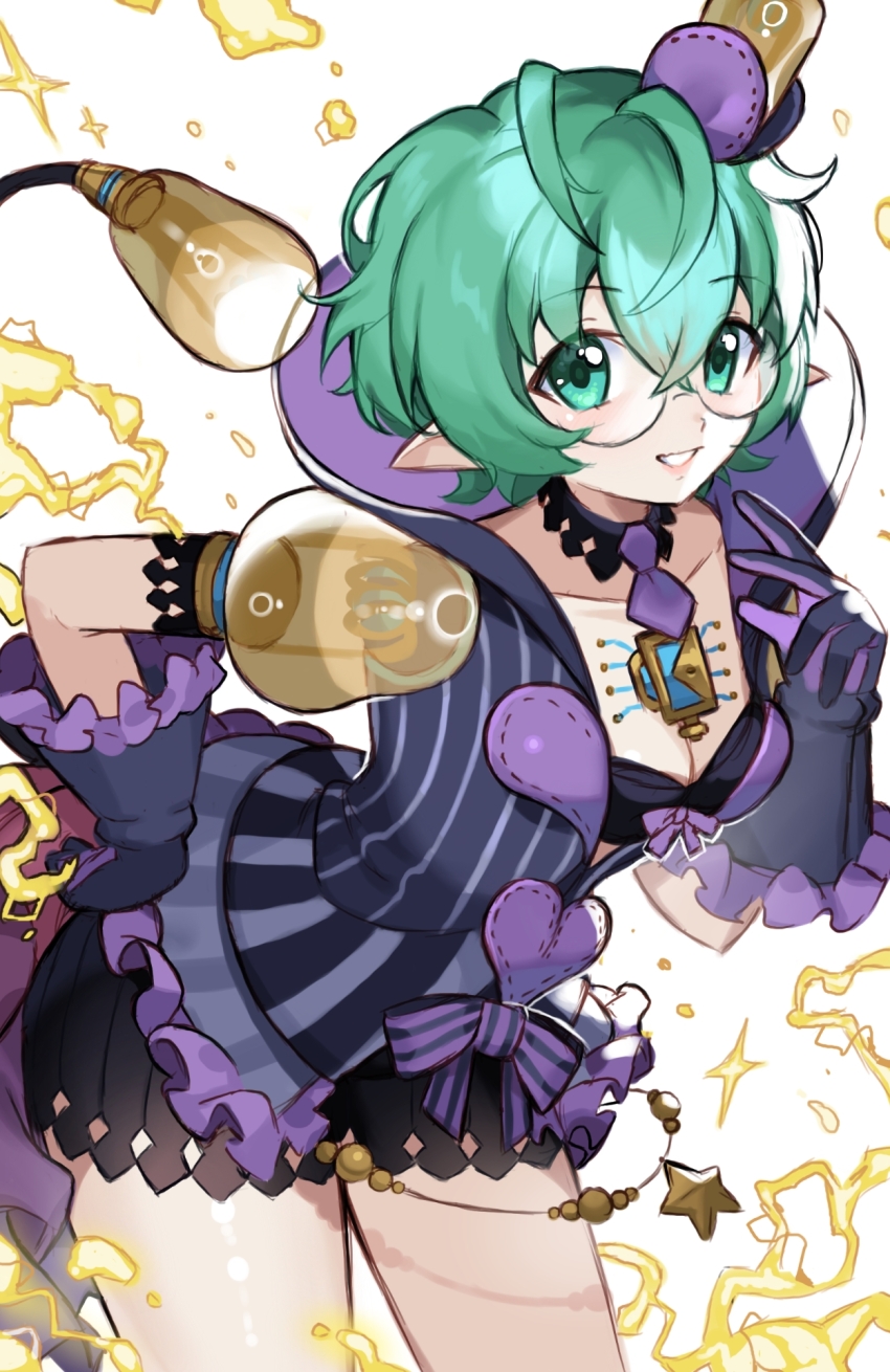 1girl :d breasts cleavage core_crystal_(xenoblade) gloves green_eyes green_hair grin highres jacket looking_at_viewer medium_breasts open_mouth pandoria_(xenoblade) pointy_ears purple_gloves purple_jacket purple_shorts round_eyewear short_hair shorts simple_background smile solo suuuuica tail teeth white_background xenoblade_chronicles_(series) xenoblade_chronicles_2