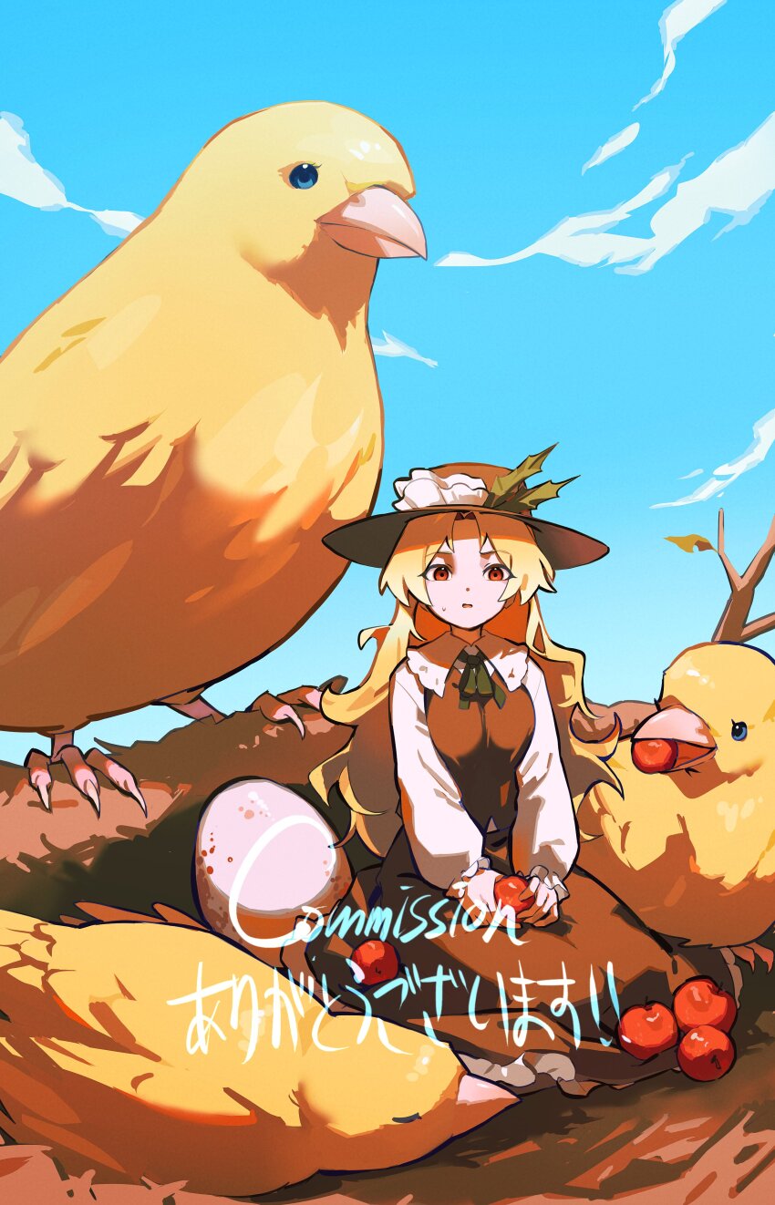 1girl absurdres apple ascot bird blonde_hair brown_dress brown_hat commentary_request dolls_in_pseudo_paradise dress egg favnvs_(s910a_ib6) food frilled_hat frilled_shirt_collar frills fruit green_ascot hat hat_feather highres jacket_girl_(dipp) long_hair long_sleeves looking_at_viewer mini_person minigirl outdoors parted_bangs parted_lips red_eyes shirt sitting solo touhou very_long_hair wavy_hair white_shirt yellow_bird