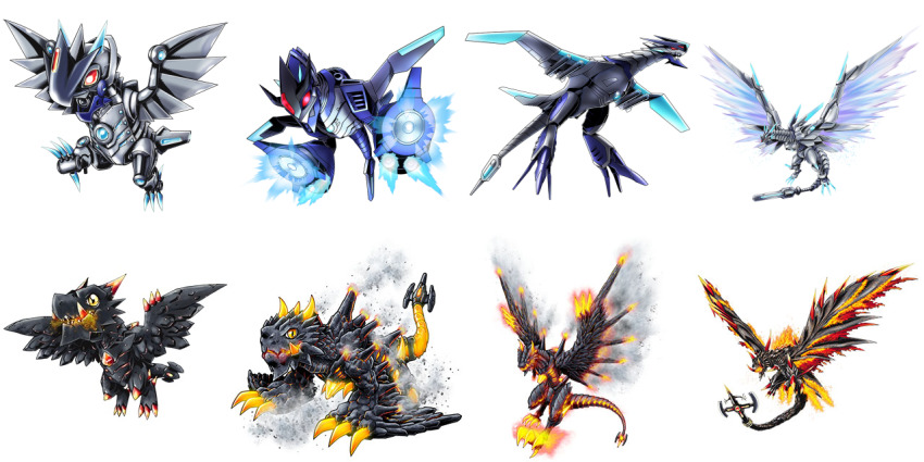 digimon digimon_linkz dragon fire jazamon jazardmon jazarichmon lavogaritamon lavorvomon metallicdramon official_art red_eyes simple_background tail volcanicdramon vorvomon white_background wings yellow_eyes