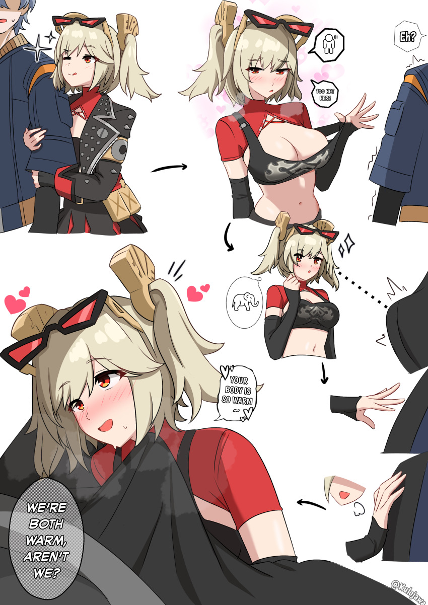 1boy 1girl absurdres arrow_(symbol) artist_name assertive_female blush breasts bulge burnice_white cleavage commentary crop_top dotted_line english_commentary english_text erection erection_under_clothes eyewear_on_head heart hetero highres kulojawa large_breasts looking_at_bulge pulling_own_clothes speech_bubble spoken_symbol thought_bubble wise_(zenless_zone_zero) zenless_zone_zero