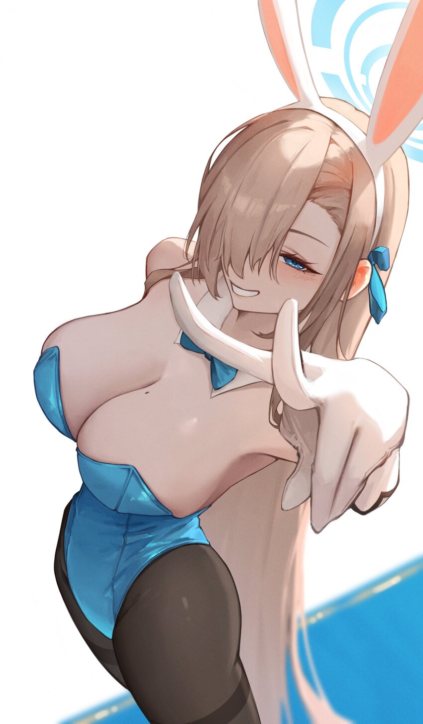 1girl absurdres animal_ear_hairband animal_ears asuna_(blue_archive) asuna_(bunny)_(blue_archive) bare_shoulders black_pantyhose blonde_hair blue_archive blue_bow blue_bowtie blue_eyes blue_halo blue_leotard bow bowtie breasts cleavage detached_collar edwin62293123 fake_animal_ears gloves grin hair_over_one_eye hairband halo hashtag-only_commentary highleg highleg_leotard highres large_breasts leotard long_hair looking_at_viewer mole mole_on_breast official_alternate_costume outstretched_arm pantyhose playboy_bunny rabbit_ear_hairband rabbit_ears reaching reaching_towards_viewer sidelocks simple_background smile solo strapless strapless_leotard thighband_pantyhose traditional_bowtie v very_long_hair white_background white_gloves