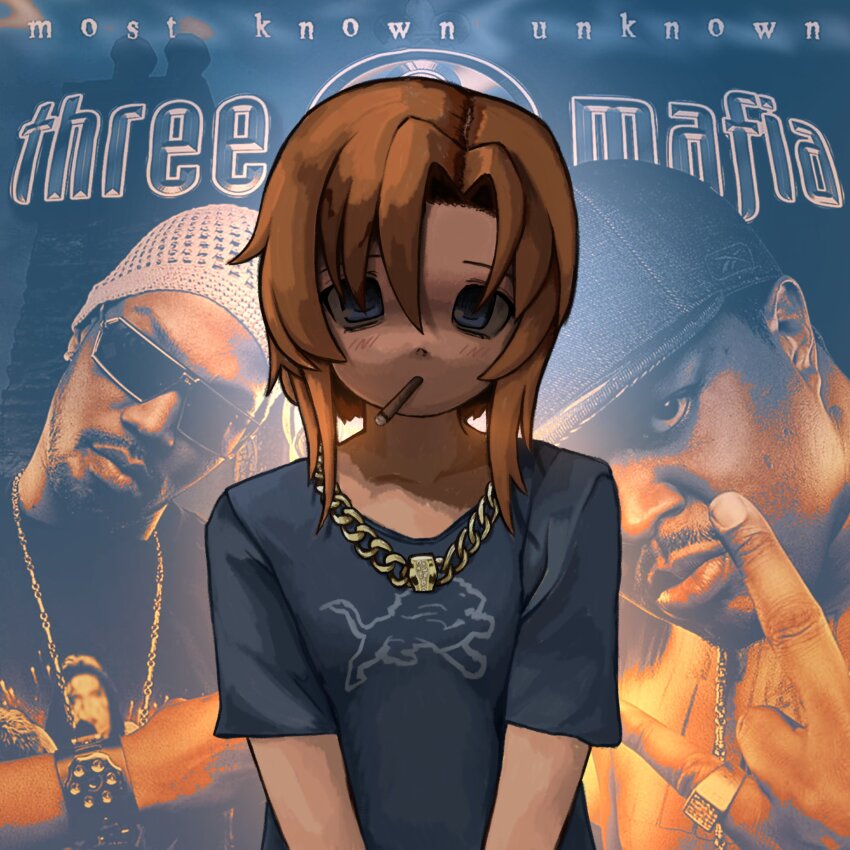 1girl absurdres androgynous black_shirt blue_eyes chain chain_necklace commentary detroit_lions english_commentary highres higurashi_no_naku_koro_ni jewelry joint_(drug) necklace orange_hair ryuuguu_rena shirt smoking solo t-shirt three_6_mafia upper_body zoolpal