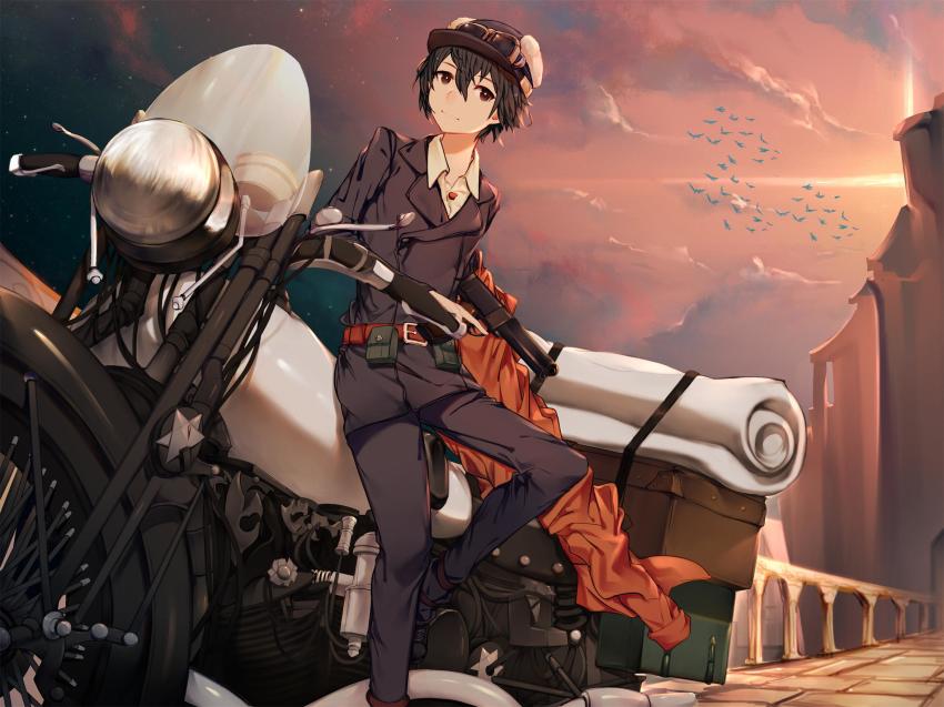 1girl :| androgynous bedroll belt belt_buckle belt_pouch bird black_hair black_hat black_jacket black_pants brown_belt brown_coat brown_eyes buckle building closed_mouth cloud coat commentary_request dress_shirt expressionless flock foot_up fur_hat goggles goggles_on_headwear gun handgun hat hermes_(kino_no_tabi) highres holding holding_gun holding_weapon jacket kino_(kino_no_tabi) kino_no_tabi knee_up leaning luggage motor_vehicle motorcycle pants partial_commentary pink_sky pistol pouch railing saddlebags shirt short_hair sky solo stone_floor suitcase sunset tomboy trench_coat trigger_discipline unworn_coat ushanka weapon white_shirt