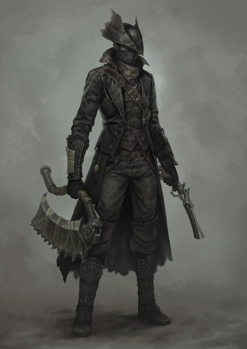 1boy absurdres adrian4rt armor belt belt_buckle black_coat black_eyes black_gloves black_headwear bloodborne buckle chain coat covered_mouth dual_wielding gloves gun hat_over_one_eye highres holding holding_gun holding_weapon hunter_(bloodborne) male_focus pocket_watch shaded_face solo standing torn_clothes torn_coat vambraces watch weapon