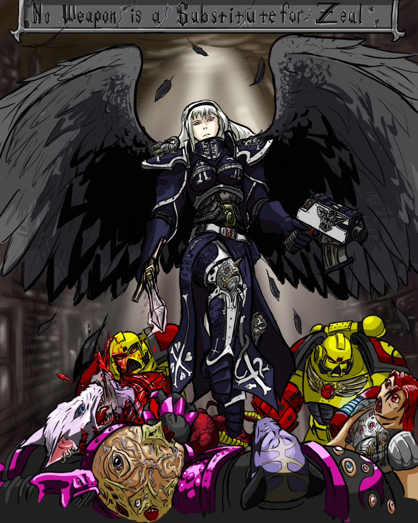 1girl 6+boys adepta_sororitas adeptus_astartes angry_face_emoji angry_marines armor black_armor blood blood_on_face bolt_pistol chaos_space_marine crossover english_text hairband highres living_saint long_hair multiple_boys power_sword red_eyes red_hair space_marine suigintou tabard white_hair