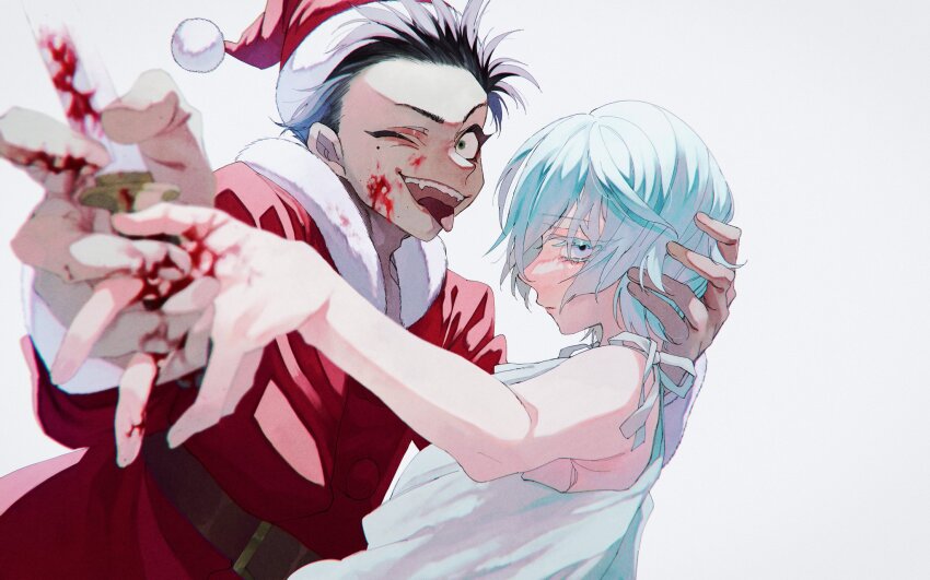 1boy 1girl aqua_hair belt black_hair blood dress fur_trim hat highres knife linda_(linda_cube) linda_cube looking_at_viewer mukai_nemui neku_(linda_cube) open_mouth santa_costume santa_hat short_hair simple_background sleeveless smile spiked_hair