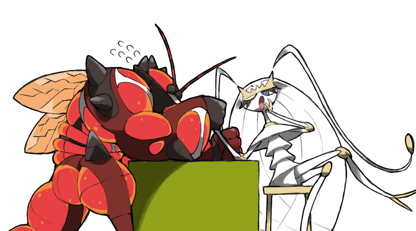 antennae arm_wrestling blacknirrow blue_pupils bug buzzwole chair eyelashes flying_sweatdrops gen_7_pokemon highres insect_wings muscular nintendo no_humans pheromosa pokemon pokemon_(creature) purple_eyes simple_background table ultra_beast white_background wings yawning