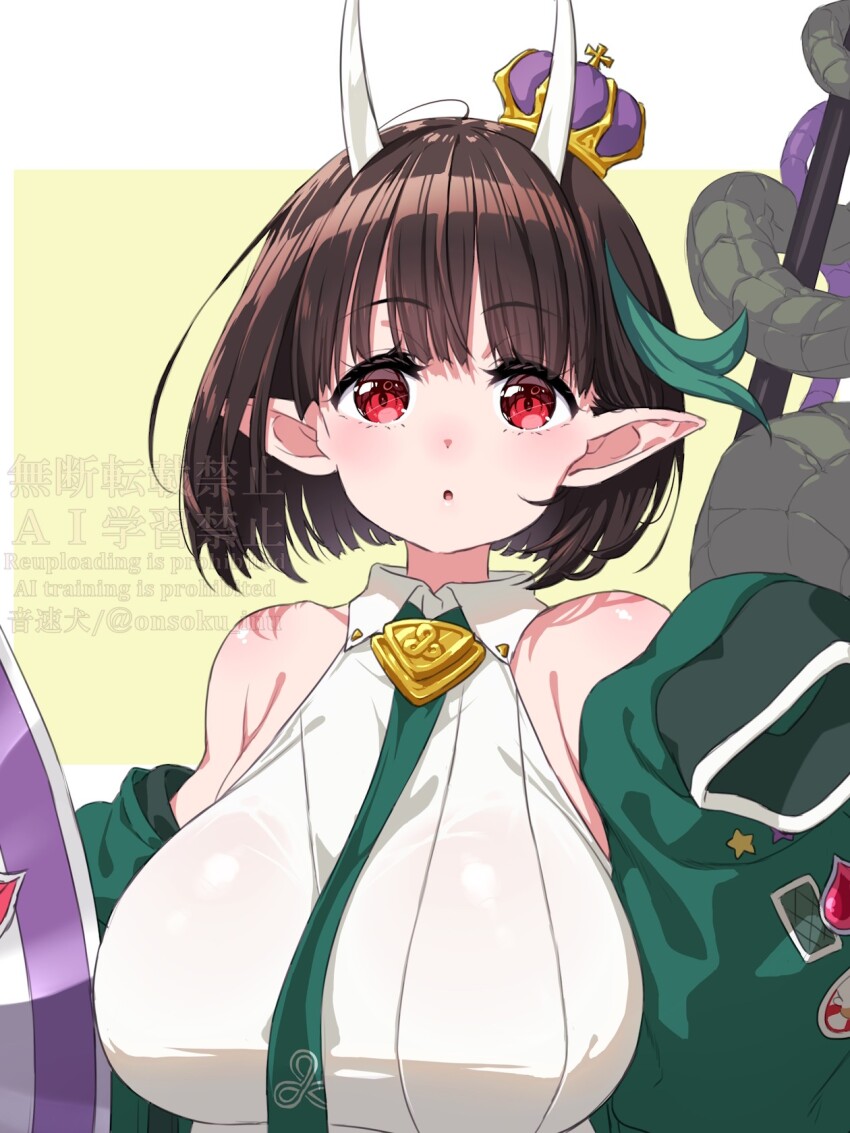 1girl bare_shoulders biscione_(fate) biscione_(second_ascension)_(fate) black_hair blush breasts collared_dress crown dragon_girl dragon_tail dress fate/grand_order fate_(series) green_jacket highres horns jacket large_breasts long_sleeves looking_at_viewer mini_crown multicolored_hair necktie off_shoulder onsoku_inu open_clothes open_mouth pointy_ears polearm red_eyes shield short_hair solo spear streaked_hair tail weapon white_dress