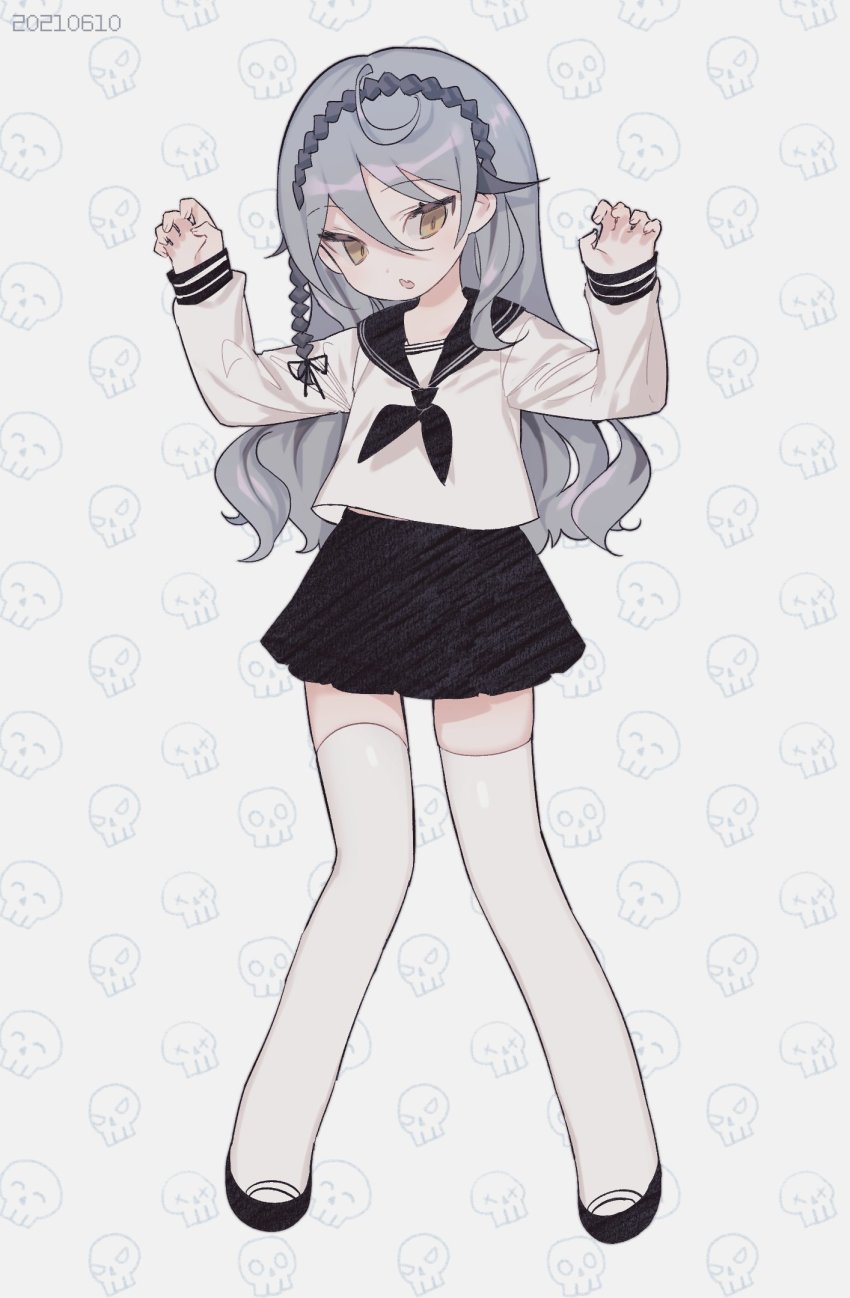 1girl :o alternate_costume black_skirt chibi claw_pose dated fang hair_between_eyes hairband highres long_hair looking_down mixed-language_commentary nijisanji nijisanji_kr open_hands ryu_hari sailor_collar school_uniform serafuku skin_fang skirt skull so_nagi_(artist) solo thighhighs virtual_youtuber yellow_eyes