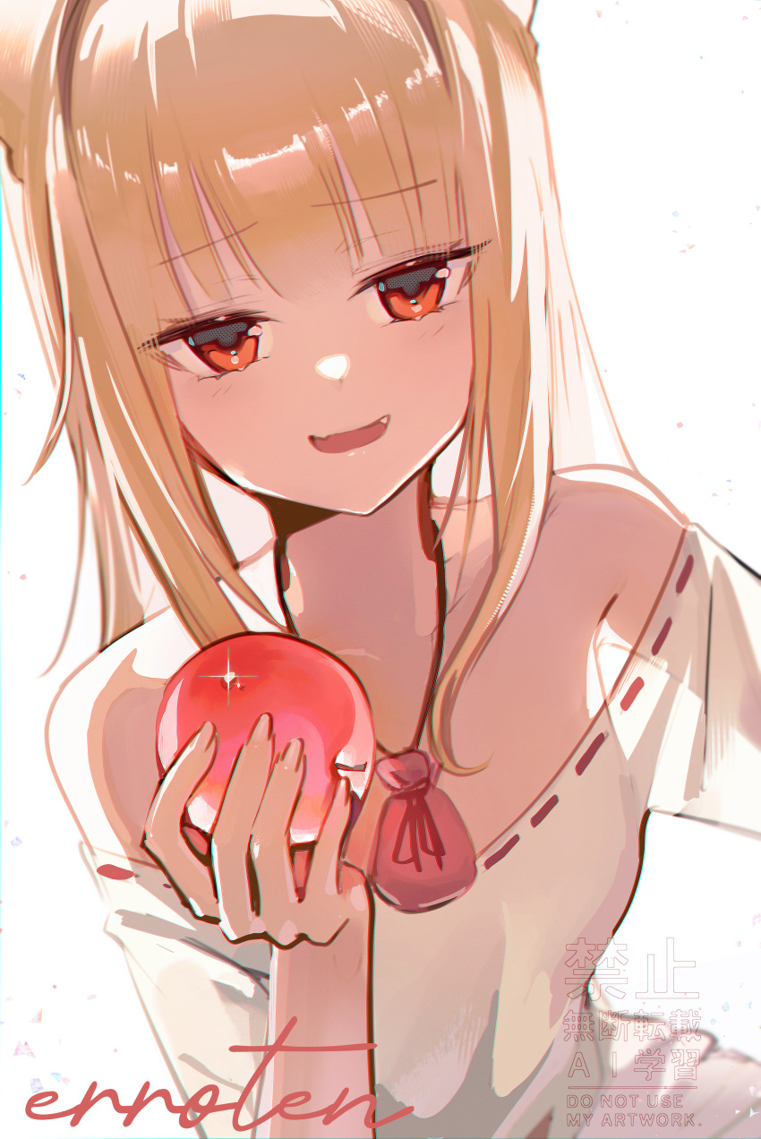 1girl absurdres apple bare_shoulders blonde_hair blunt_bangs breasts collarbone dress erroten fangs food fruit highres holding holding_food holding_fruit holo long_hair looking_at_viewer off-shoulder_dress off_shoulder open_mouth pouch red_eyes signature simple_background small_breasts smug solo spice_and_wolf upper_body watermark white_background white_dress