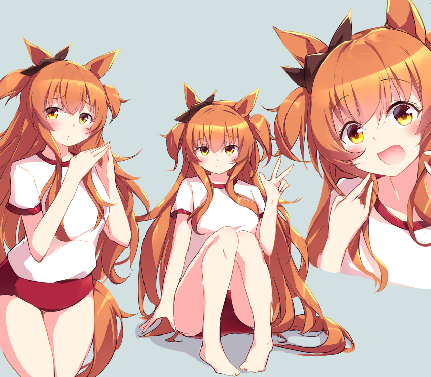 1girl :d \n/ absurdres animal_ears barefoot black_bow bow breasts buruma closed_mouth commentary_request ear_bow grey_background highres horse_ears horse_girl horse_tail kanzakietc long_hair looking_at_viewer mayano_top_gun_(umamusume) medium_breasts multiple_views open_mouth orange_eyes orange_hair red_buruma shirt short_sleeves sidelocks sitting smile tail tracen_training_uniform two_side_up umamusume very_long_hair w white_shirt