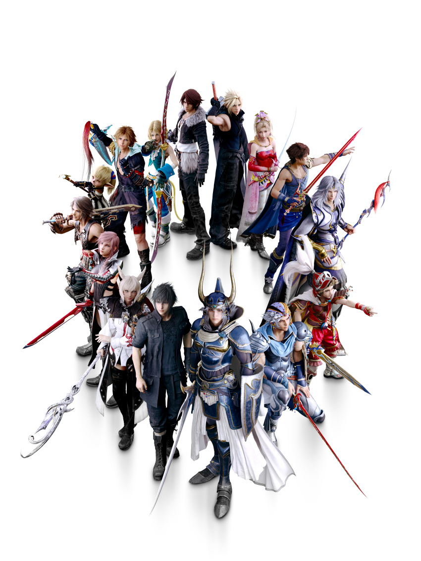 3d 4girls 6+boys absurdres alternate_costume animal_ears armor ascot asymmetrical_clothes bandana bare_shoulders bartz_klauser beads black_jacket blonde_hair blue_eyes boots brown_hair cat_ears circle_formation cloud_strife cropped_jacket dagger dark_skin dissidia_final_fantasy dissidia_final_fantasy_nt everyone fake_horns final_fantasy final_fantasy_i final_fantasy_ii final_fantasy_iii final_fantasy_iv final_fantasy_ix final_fantasy_v final_fantasy_vi final_fantasy_vii final_fantasy_vii_advent_children final_fantasy_viii final_fantasy_x final_fantasy_xi final_fantasy_xii final_fantasy_xiii final_fantasy_xiv final_fantasy_xv firion fur_collar fur_trim gloves greaves grey_eyes hair_ornament headband helmet highres horned_helmet horns huge_weapon jacket jewelry knife lightning_farron lightning_returns:_final_fantasy_xiii looking_at_viewer miqo&#039;te multiple_boys multiple_girls necklace noctis_lucis_caelum official_art onion_knight over_shoulder pink_hair pointing pointy_ears popped_collar sash scabbard serious shantotto sheath shield shorts shoulder_spikes silver_hair simple_background sleeveless slit_pupils spiked_hair spikes squall_leonhart square_enix staff sword tail tarutaru thighhighs tidus tina_branford twin_blades vaan_(ff12) vest warrior_of_light_(ff1) weapon weapon_on_back weapon_over_shoulder white_background y&#039;shtola_rhul zidane_tribal