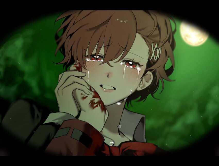 1boy 1girl aragaki_shinjirou blood blood_on_hands blush bow bowtie brown_hair commentary_request crying crying_with_eyes_open eye_pov eyelashes full_moon green_sky hair_ornament hairclip highres long_sleeves looking_at_viewer moon or_i_i parted_lips persona persona_3 persona_3_portable pov red_bow red_bowtie red_eyes school_uniform shiomi_kotone sky solo_focus tears