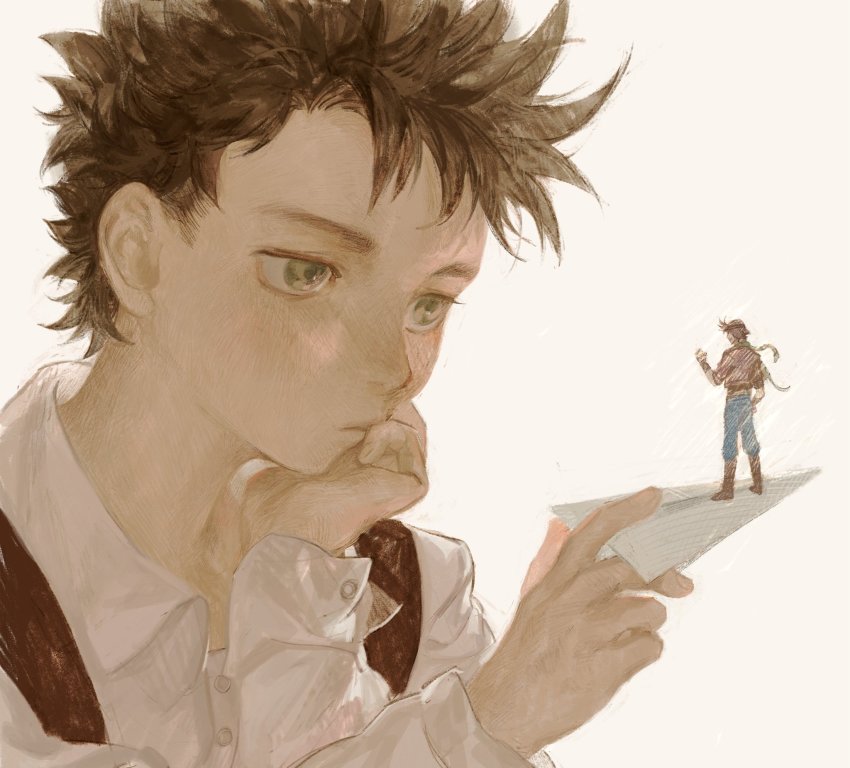 2boys aged_down aviator_hat battle_tendency bomber_jacket boots brown_hair brown_jacket child denim dress_shirt dual_persona green_eyes hand_on_own_chin head_rest highres holding holding_paper_airplane jacket jeans jojo_no_kimyou_na_bouken joseph_joestar joseph_joestar_(young) male_focus mini_person miniboy mitus multiple_boys pants paper_airplane scarf shirt spiked_hair suspenders waving