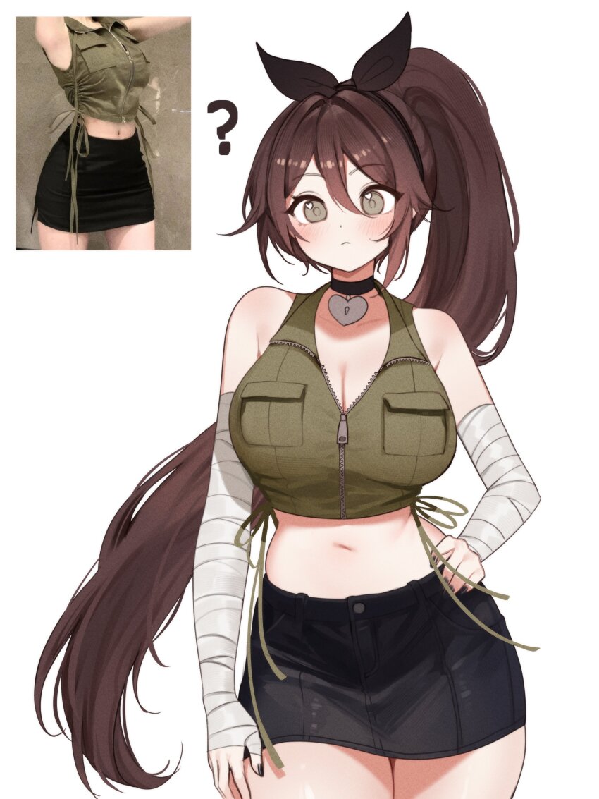 1girl absurdres bandaged_arm bandages bare_shoulders black_choker black_skirt blush breasts brown_hair choker cleavage crop_top hair_between_eyes heart highres indie_virtual_youtuber large_breasts long_hair midriff miniskirt navel real_life_insert simple_background skirt sky_above_me sky_above_me_(vtuber) solo very_long_hair virtual_youtuber white_background