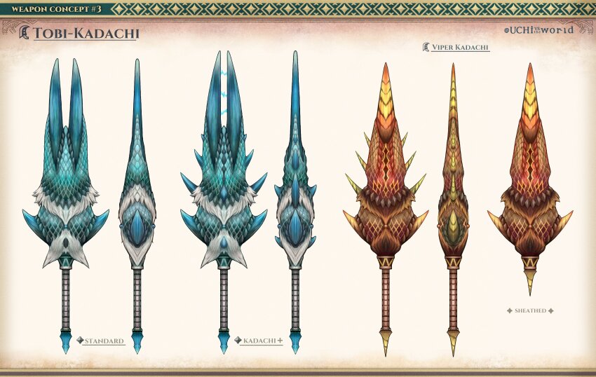 absurdres artist_name blue_scales brown_fur character_name reference_sheet concept_art electricity english_text gradient_background highres monster_hunter:_world monster_hunter_(series) monster_hunter_world:_iceborne no_humans scales spikes tobi-kadachi uchi_vs_the_world viper_tobi-kadachi weapon weapon_focus white_fur